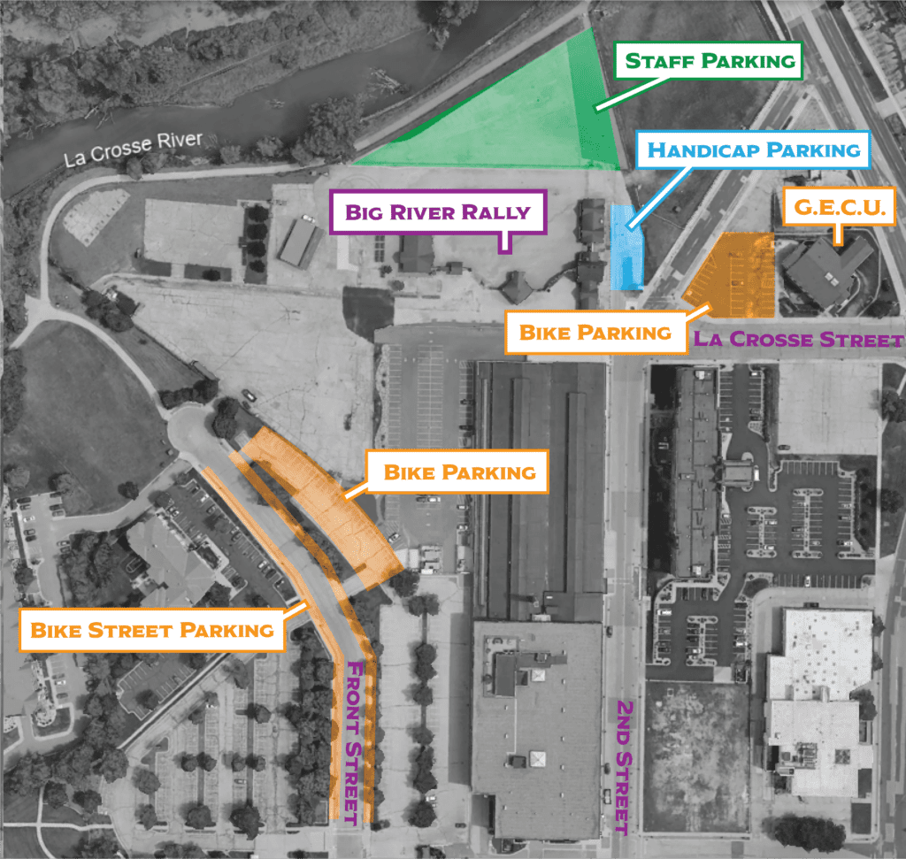 map of downtown la crosse showing parking for the big river rally